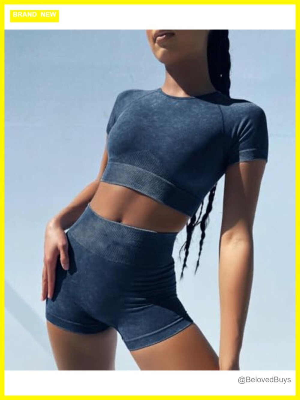 Seamless Acid Wash Yoga Outfit 2 Piece Set - Crop Top & High Waist Shorts - Picture 3 of 6
